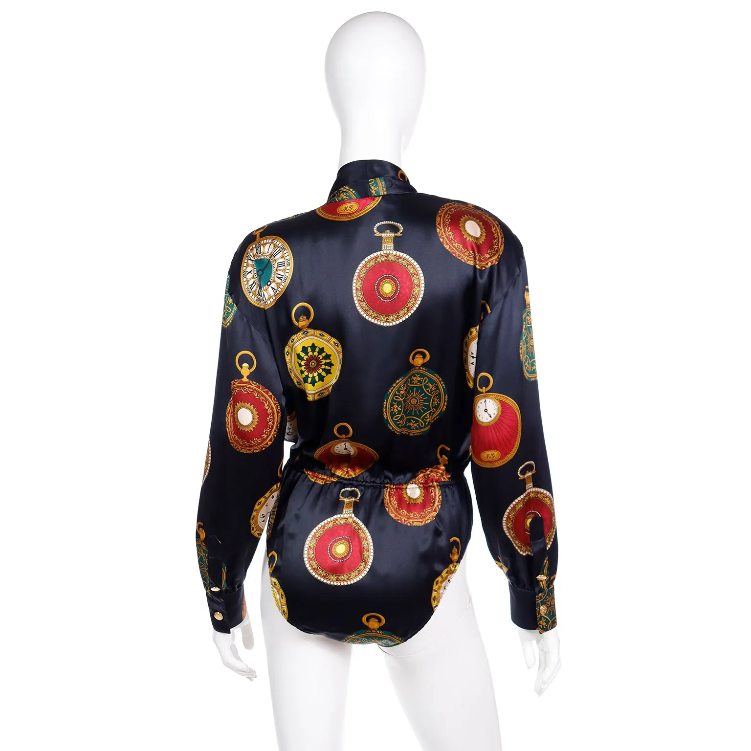 1980s Escada by Margaretha Ley Silk Pocket Watch Novelty Print Bodysuit Blouse