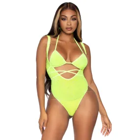 2 Pc. Rhinestone Wrap Around Bikini Top and Suspender Body Suit - One Size - Neon Yellow