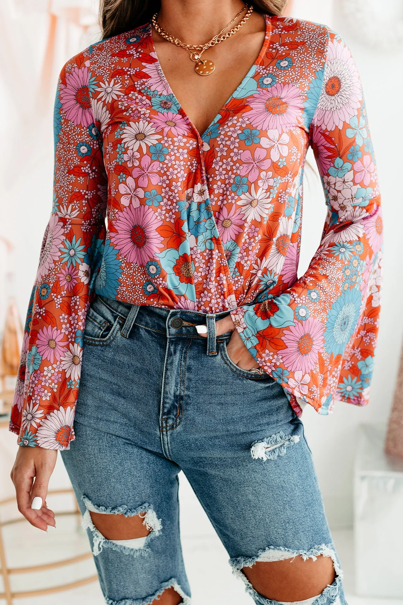 70s Soul Floral Bell Sleeve Bodysuit (Rust/Multi)