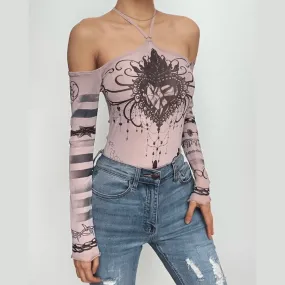 Abstract contrast halter off shoulder long sleeve bodysuit