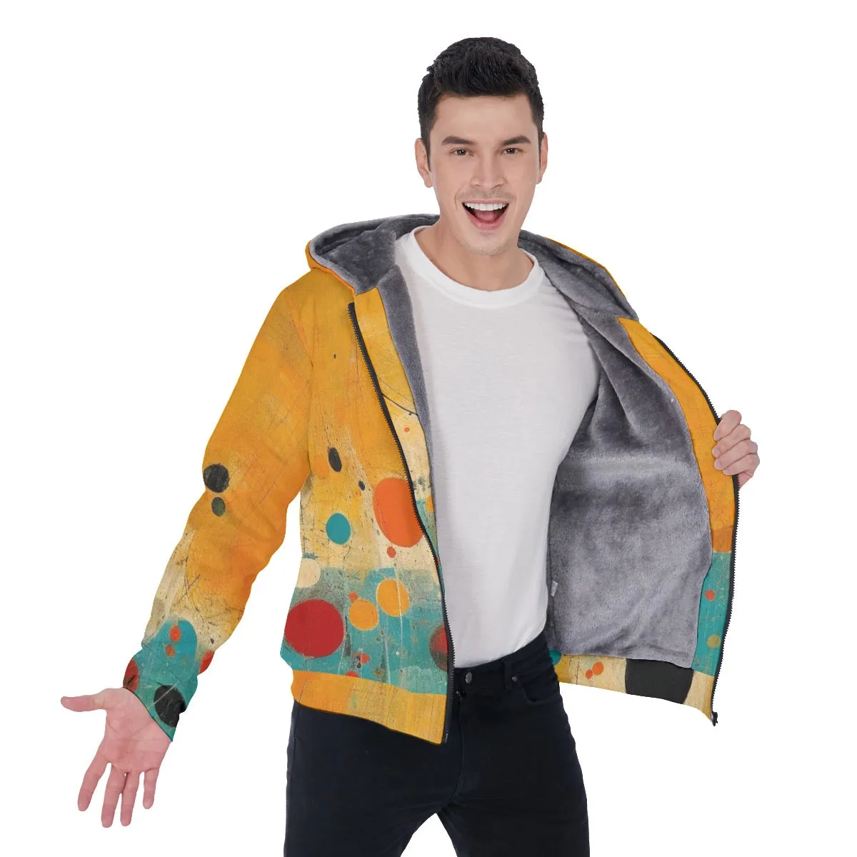 All-Over Print Men's Sherpa Fleece Zip Up Hoodie, orange and teal circle abstract print, #25DD