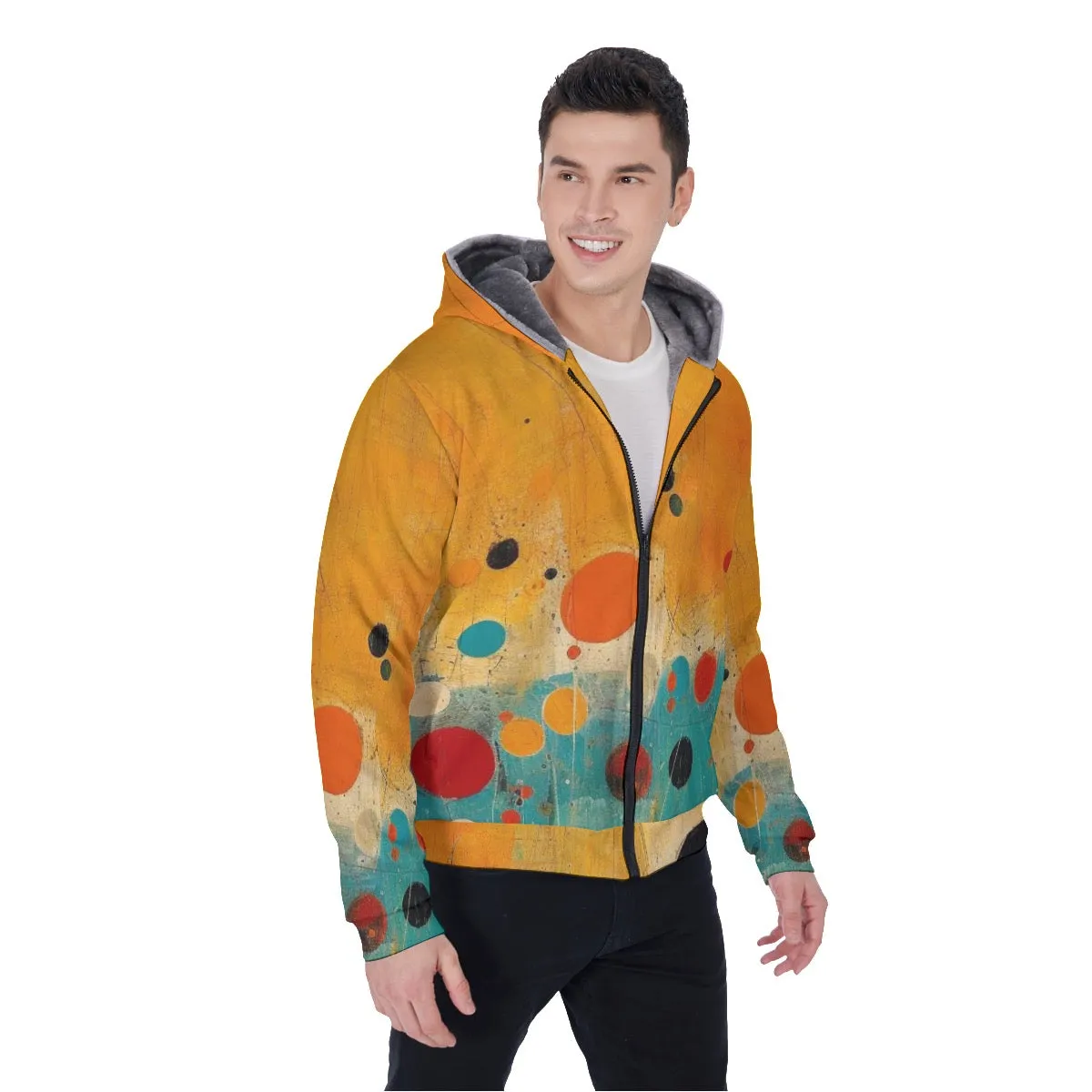 All-Over Print Men's Sherpa Fleece Zip Up Hoodie, orange and teal circle abstract print, #25DD