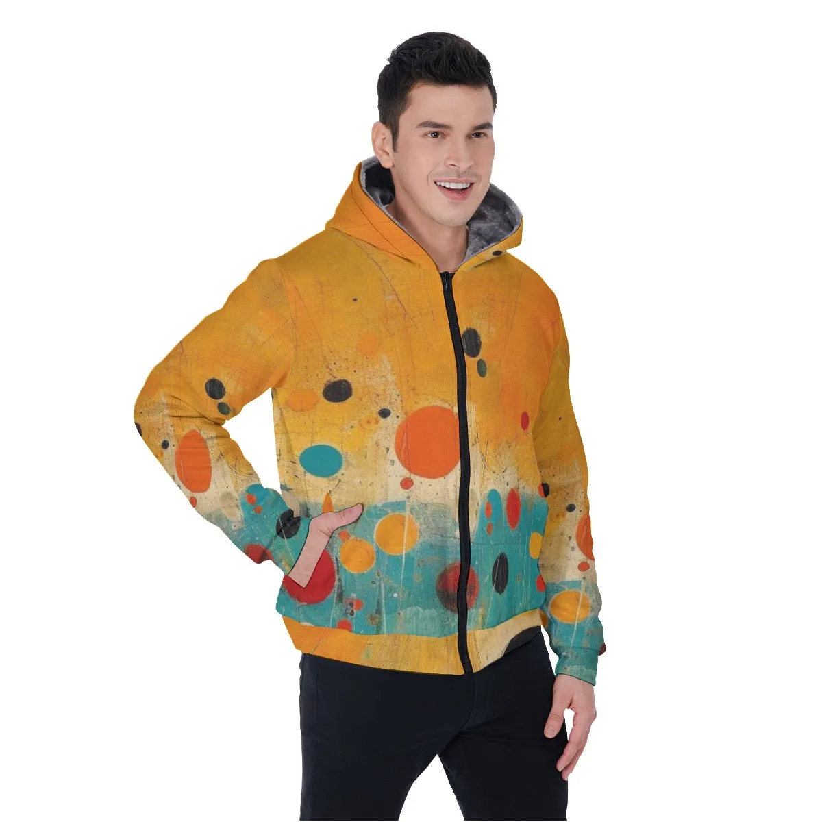 All-Over Print Men's Sherpa Fleece Zip Up Hoodie, orange and teal circle abstract print, #25DD