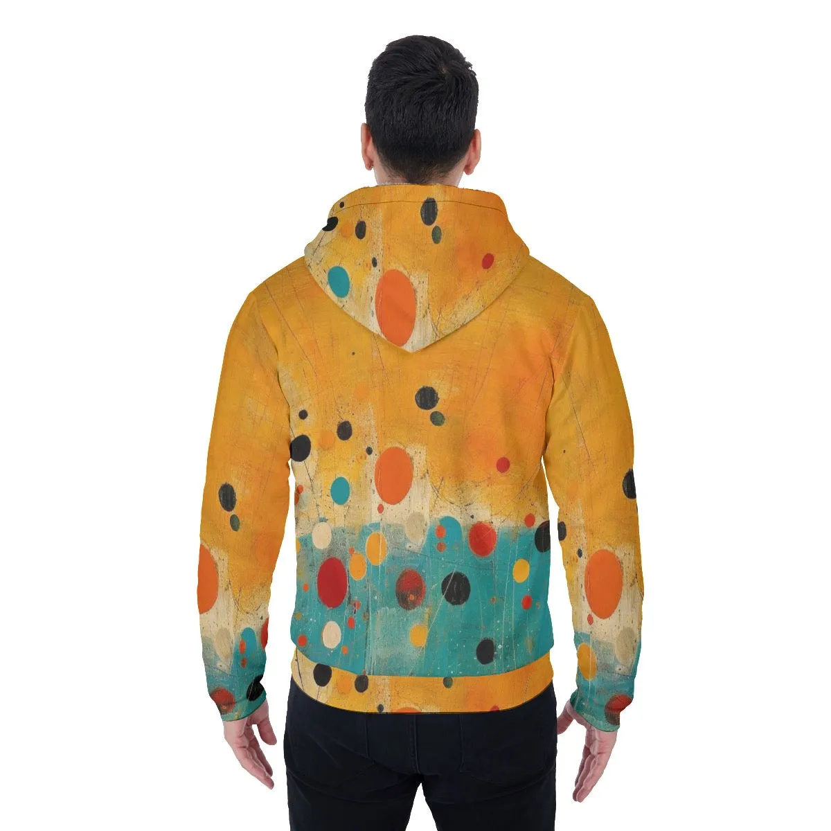 All-Over Print Men's Sherpa Fleece Zip Up Hoodie, orange and teal circle abstract print, #25DD