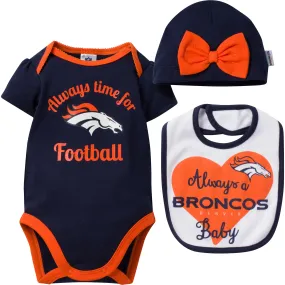 Always a Broncos Baby Girl Bodysuit, Bib and Cap Set