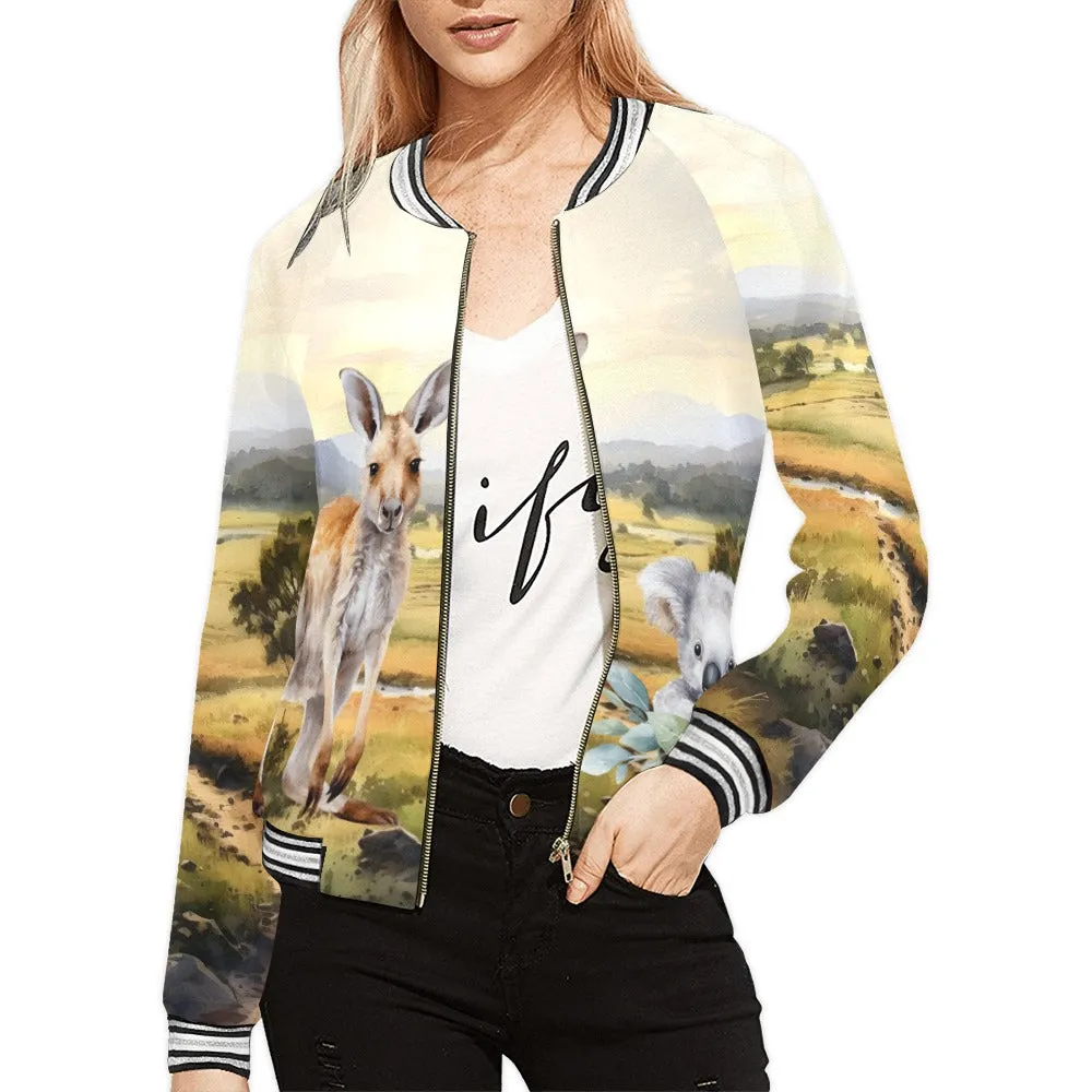 Australian Animals Koala, Kangaroo Bomber Jacket for Women