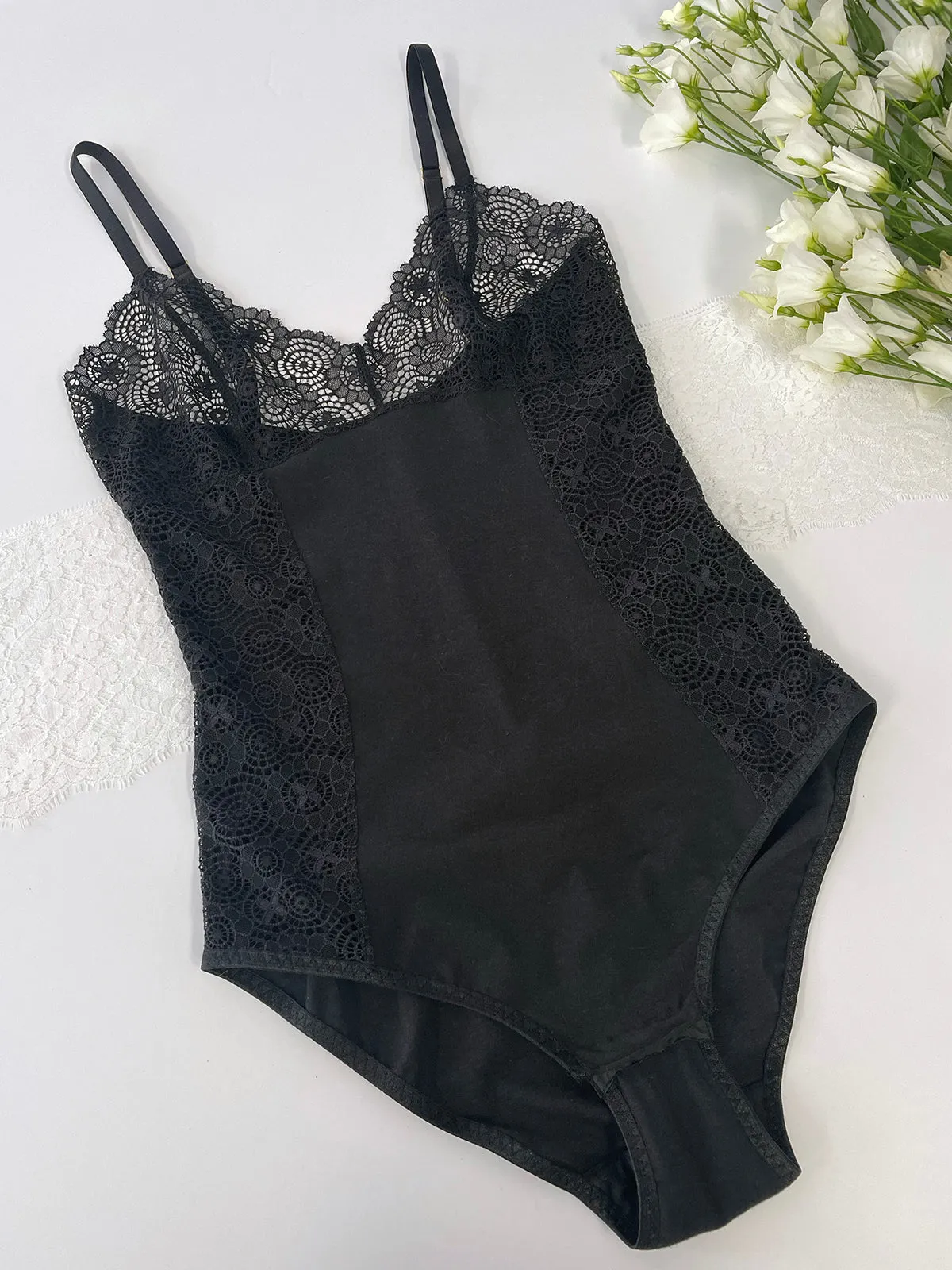 Ava Black Organic Bamboo Jersey & Lace Bodysuit