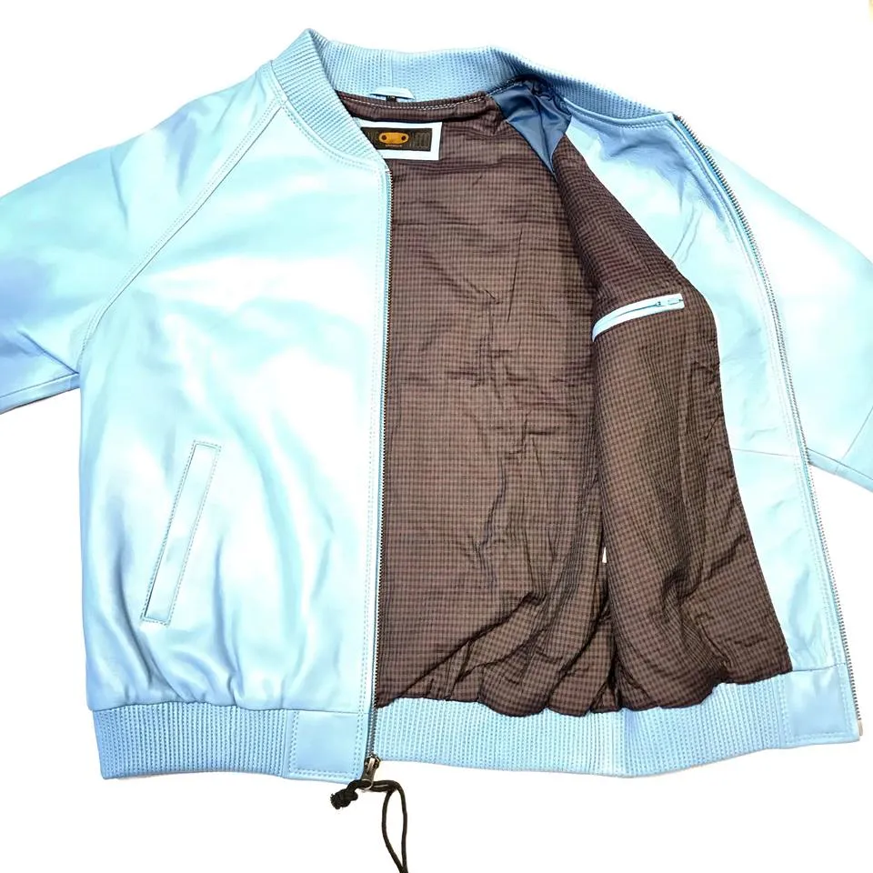 Baby Blue Naked Lambskin Bomber Jacket