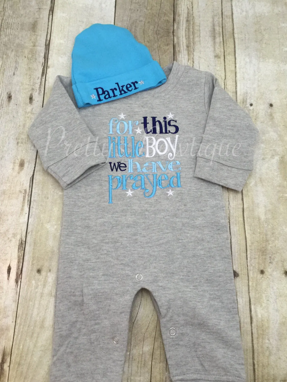 Baby Boy Coming Home Outfit -- For This Little Boy We Have Prayed Romper & Hat with Embroidered Name