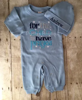 Baby Boy Outfit -- For This Child We Have Prayed Romper & Hat with Embroidered Name