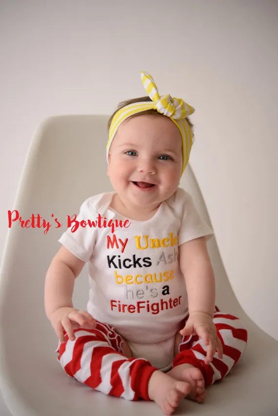 Baby Girl -- Firefighter Hero shirt -- Baby shower gift --My uncle kicks ash he's a firefighter - Can customized for grandpa•mom•uncle•etc