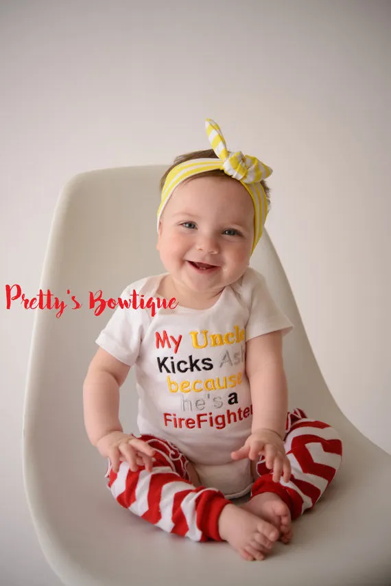 Baby Girl -- Firefighter Hero shirt -- Baby shower gift --My uncle kicks ash he's a firefighter - Can customized for grandpa•mom•uncle•etc