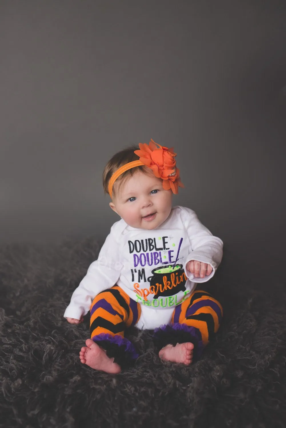 Baby girl Halloween outfit -- Double Double I'm sparklin trouble outfit bodysuit or shirt, headband and legwarmers. Halloween outfit