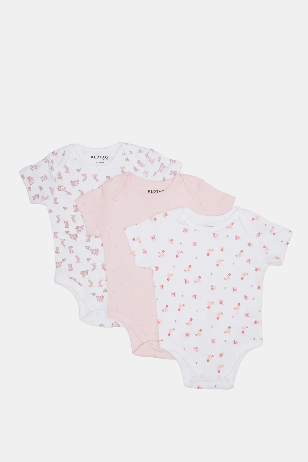 Baby Pink And White Printed Bodysuit Set (Pack Of 3)