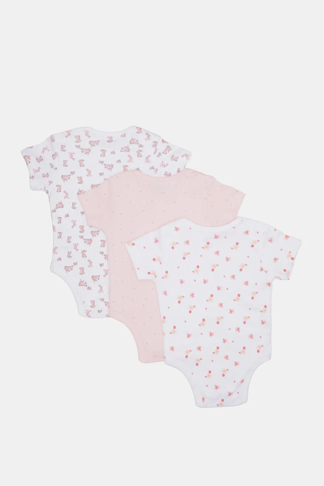 Baby Pink And White Printed Bodysuit Set (Pack Of 3)