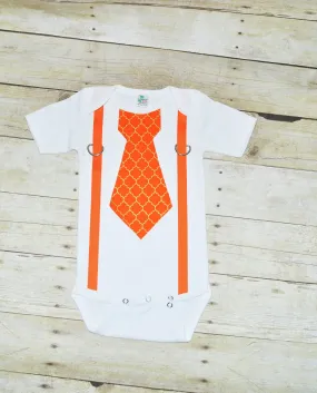 Baby/Toddler Halloween bodysuit with suspenders and tie, Gold and orange tie, fall bodysuit, autum outfit, thanksgiving outfit