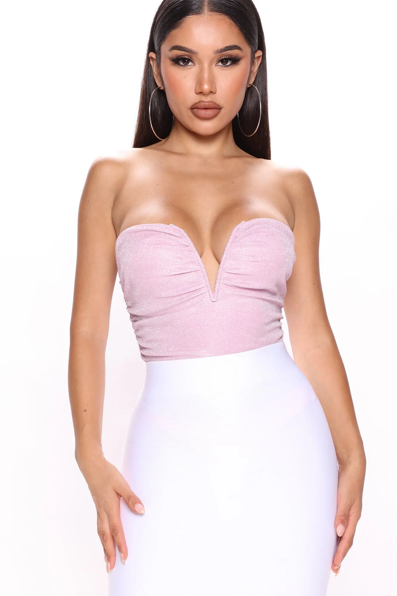 Baddie Metallic Ruched Bodysuit - Pink