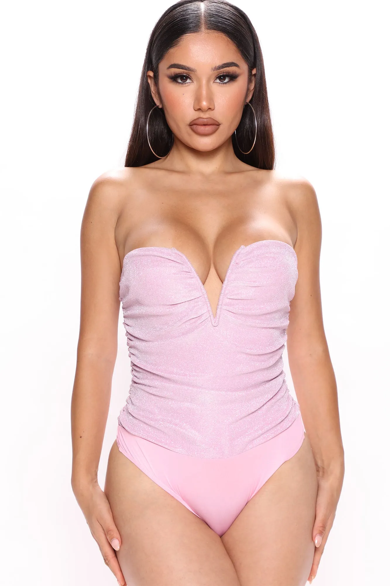 Baddie Metallic Ruched Bodysuit - Pink