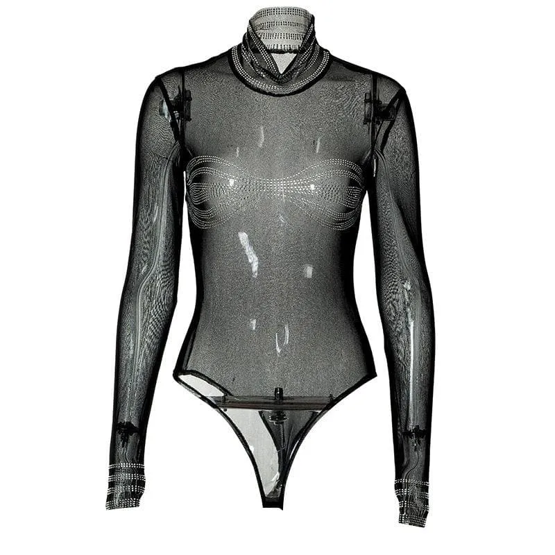 Beaded high neck long sleeve sheer mesh see through bodysuit