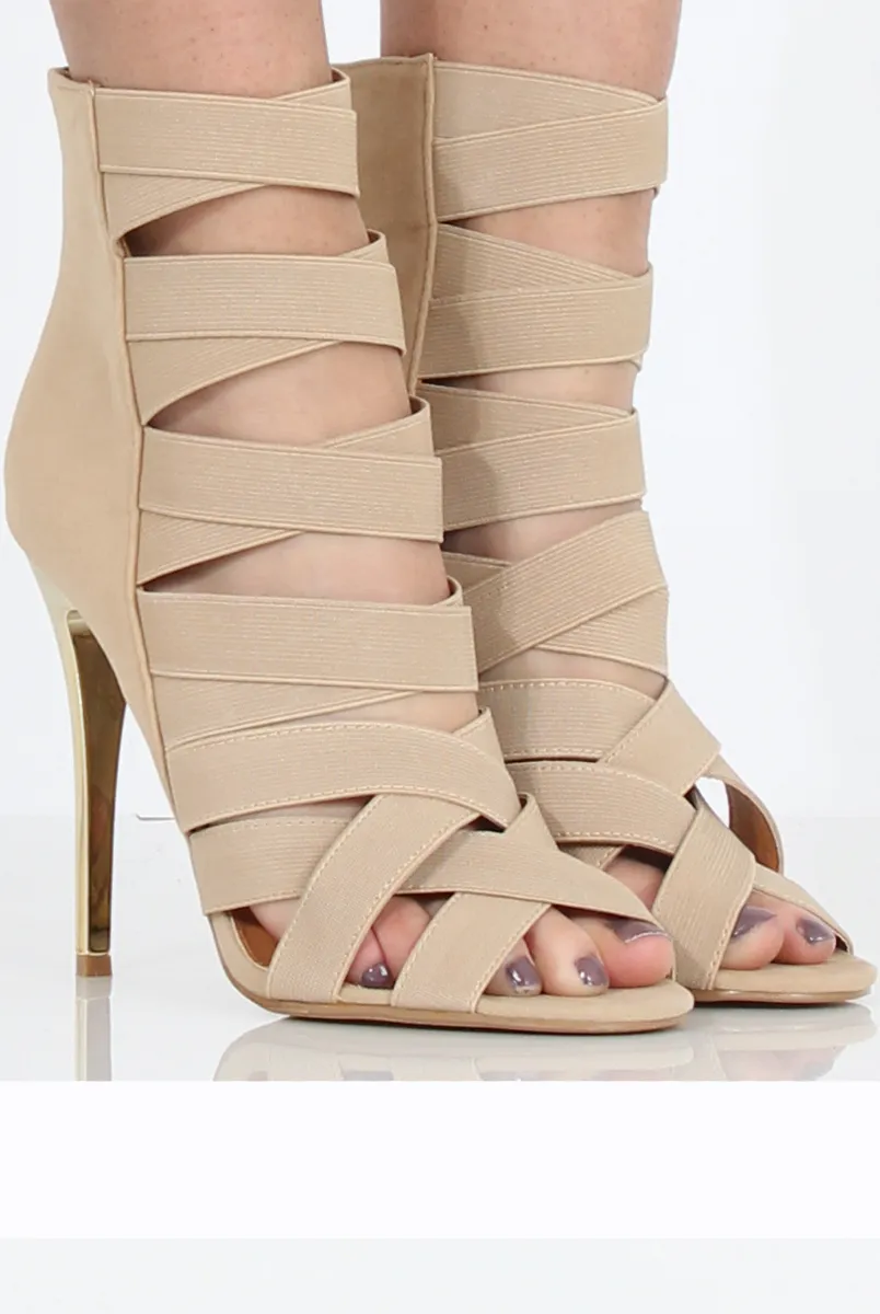 Beige Suede Strappy Elastic Heels - Heaven