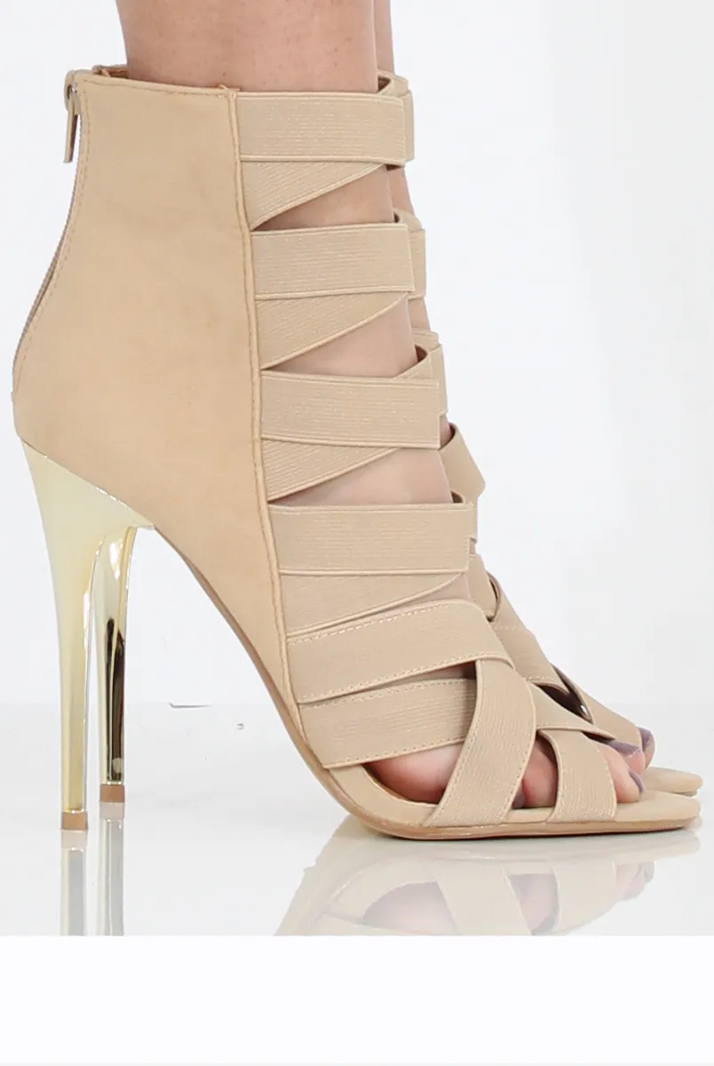 Beige Suede Strappy Elastic Heels - Heaven