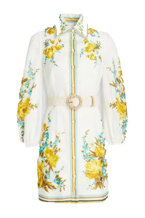 Belted Floral-print Linen Mini Shirt Dress