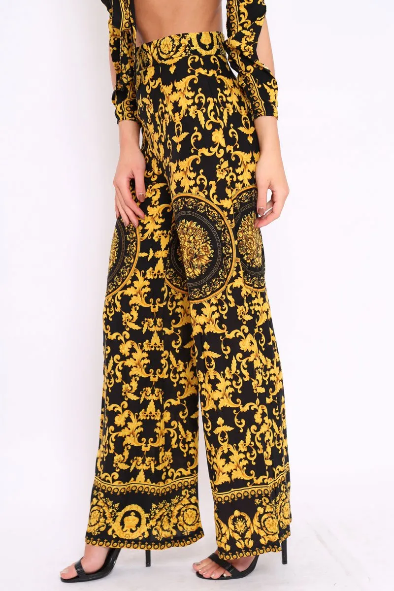 Black and Gold Print High Waist Flare Trousers -Tisha