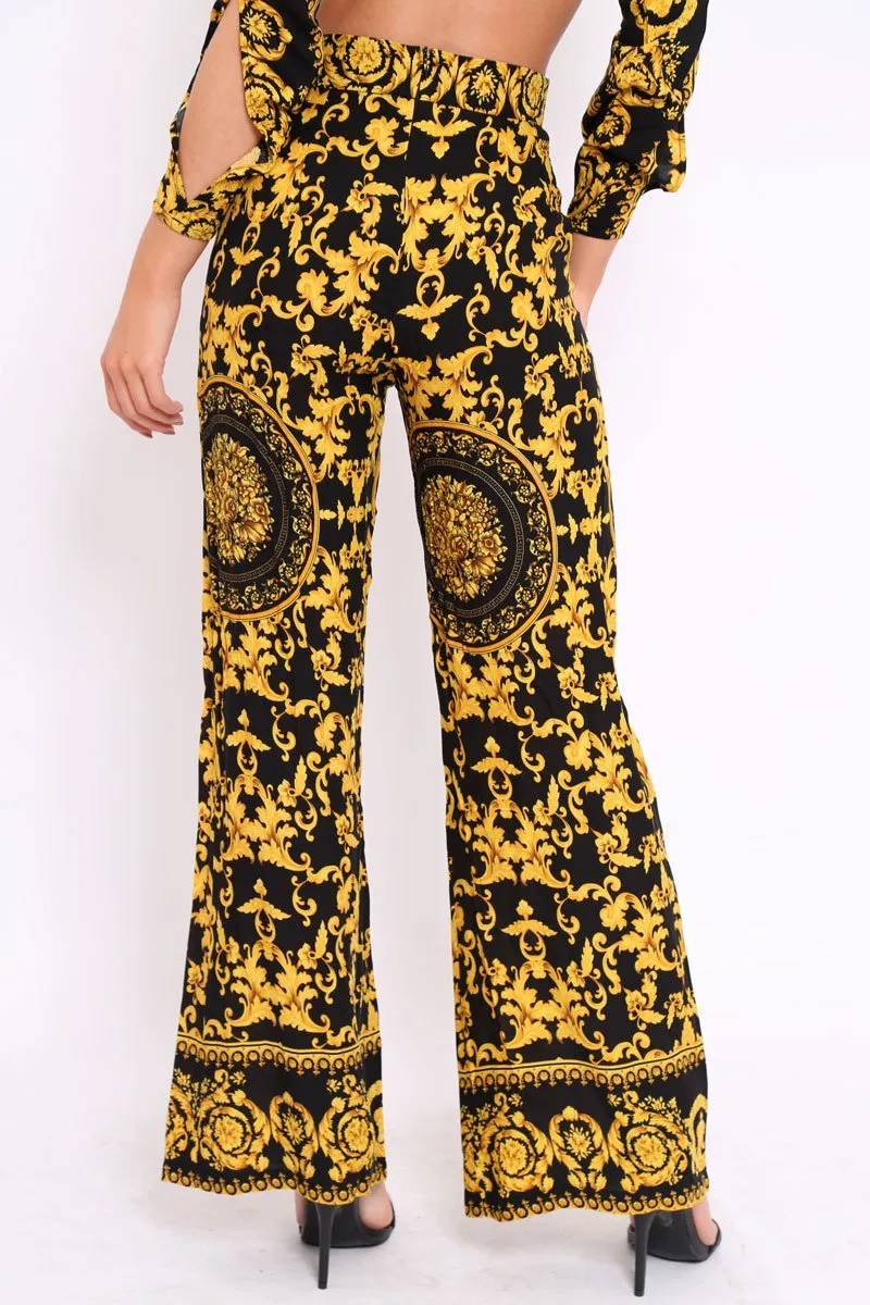 Black and Gold Print High Waist Flare Trousers -Tisha