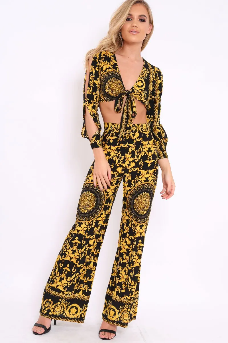 Black and Gold Print High Waist Flare Trousers -Tisha