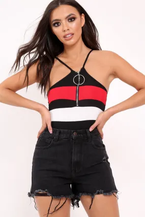 Black and Red Ribbed Ring Zip Front Bodysuit - Carmella