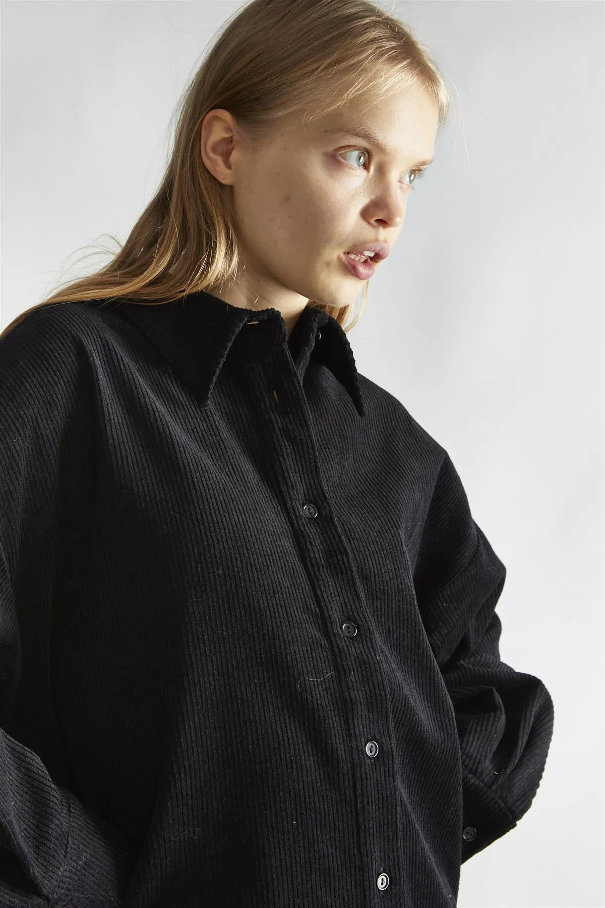 Black-Corduroy Hi-Low Shirt-Dress