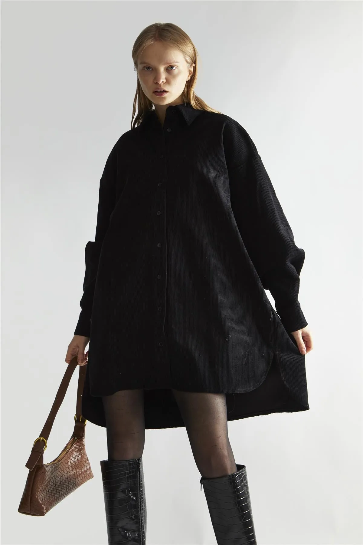 Black-Corduroy Hi-Low Shirt-Dress