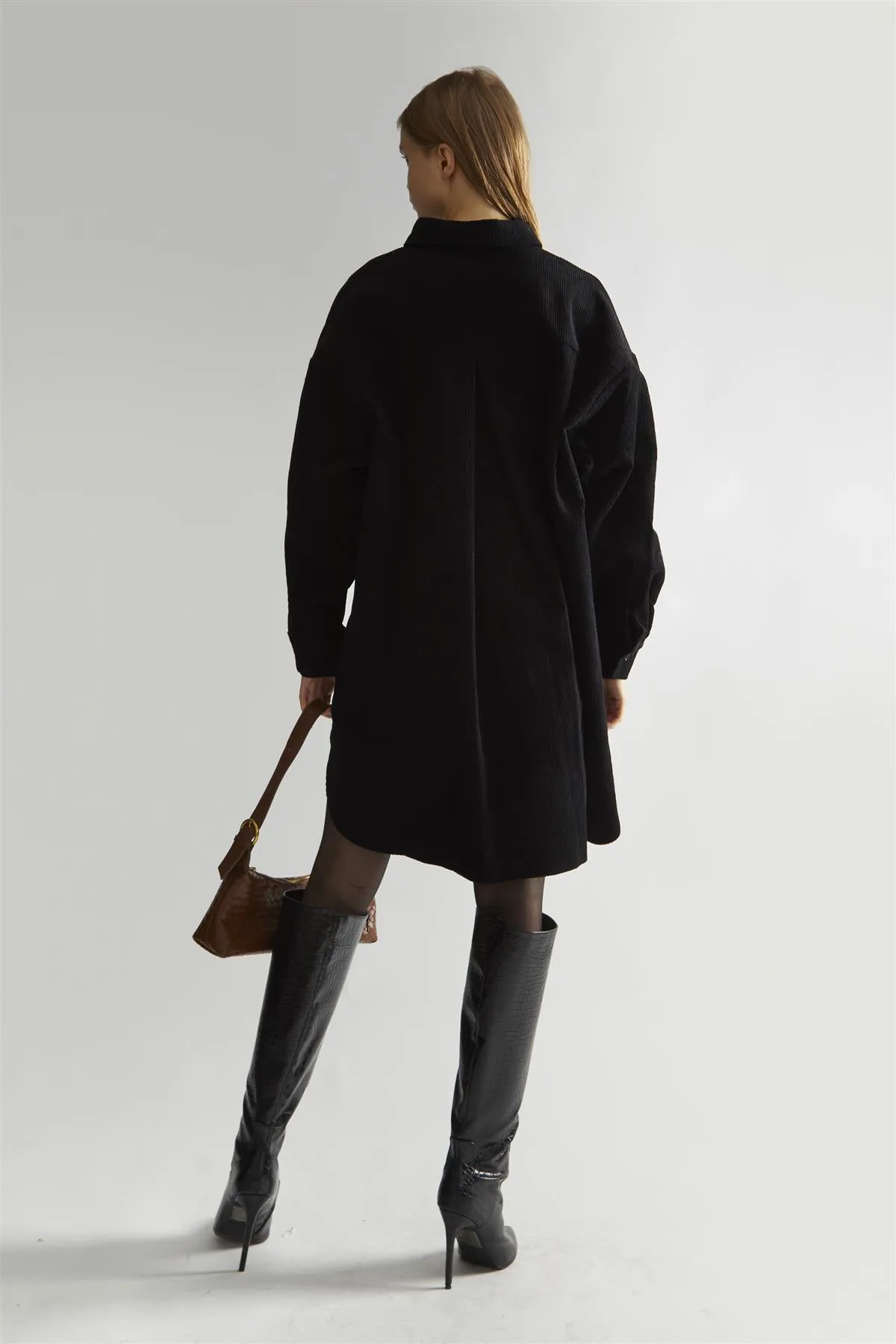 Black-Corduroy Hi-Low Shirt-Dress