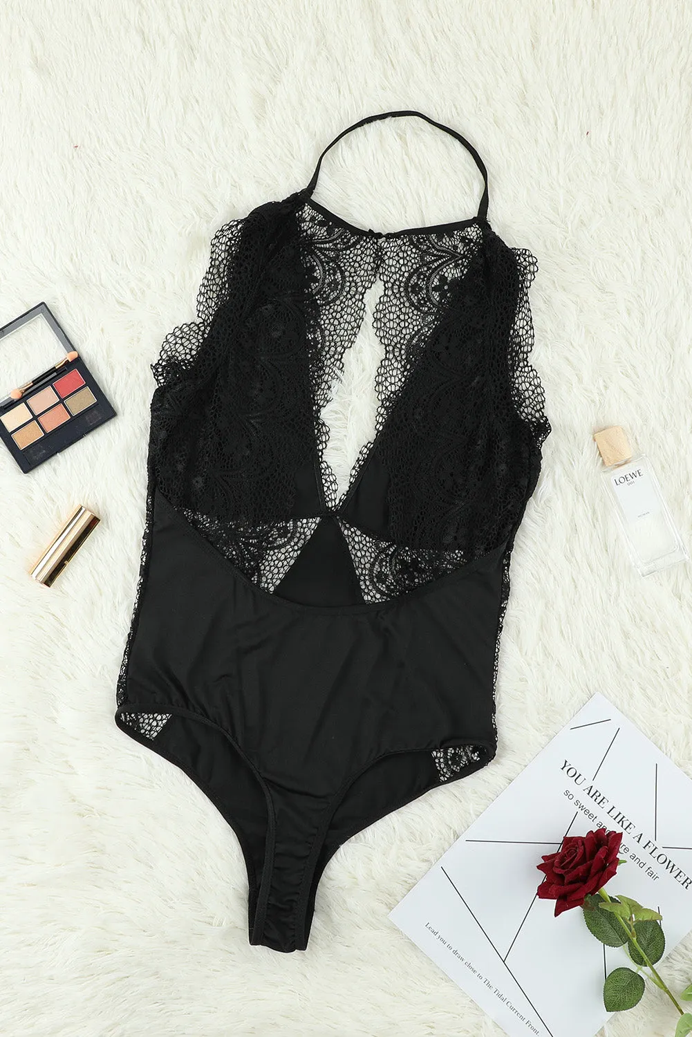 Black Crochet Lace Splicing Open Back Bodysuit