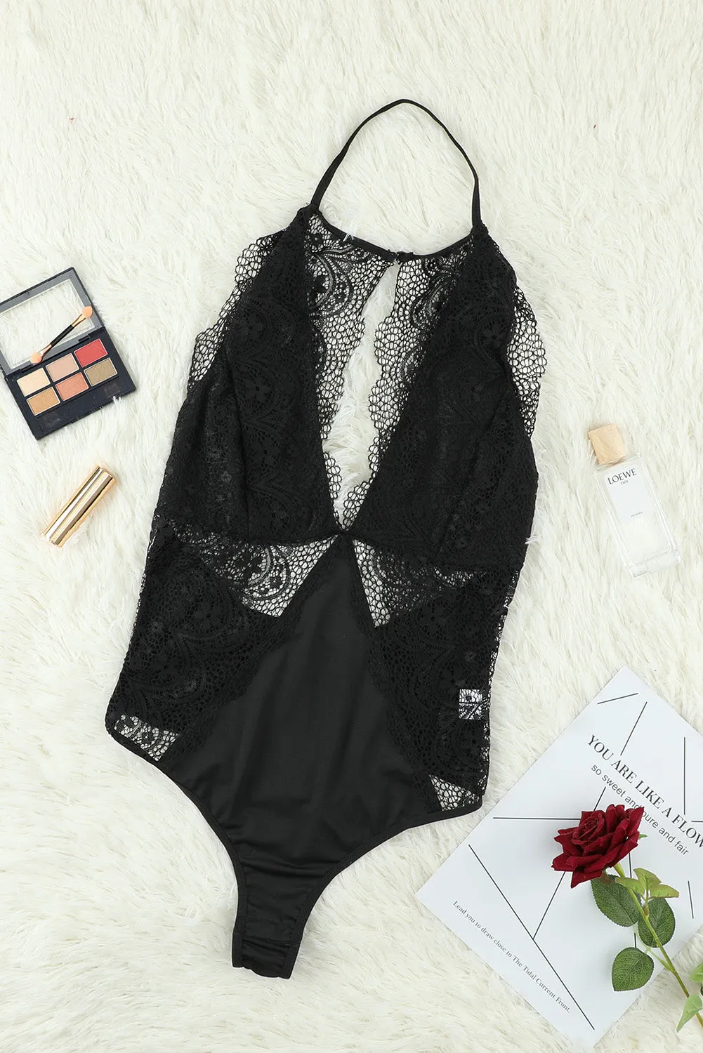 Black Crochet Lace Splicing Open Back Bodysuit