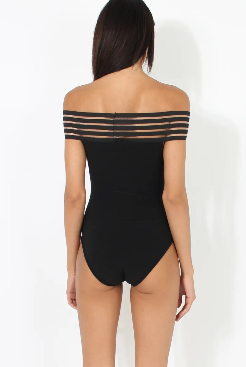 Black Elasticated Bardot Bodysuit - Jill