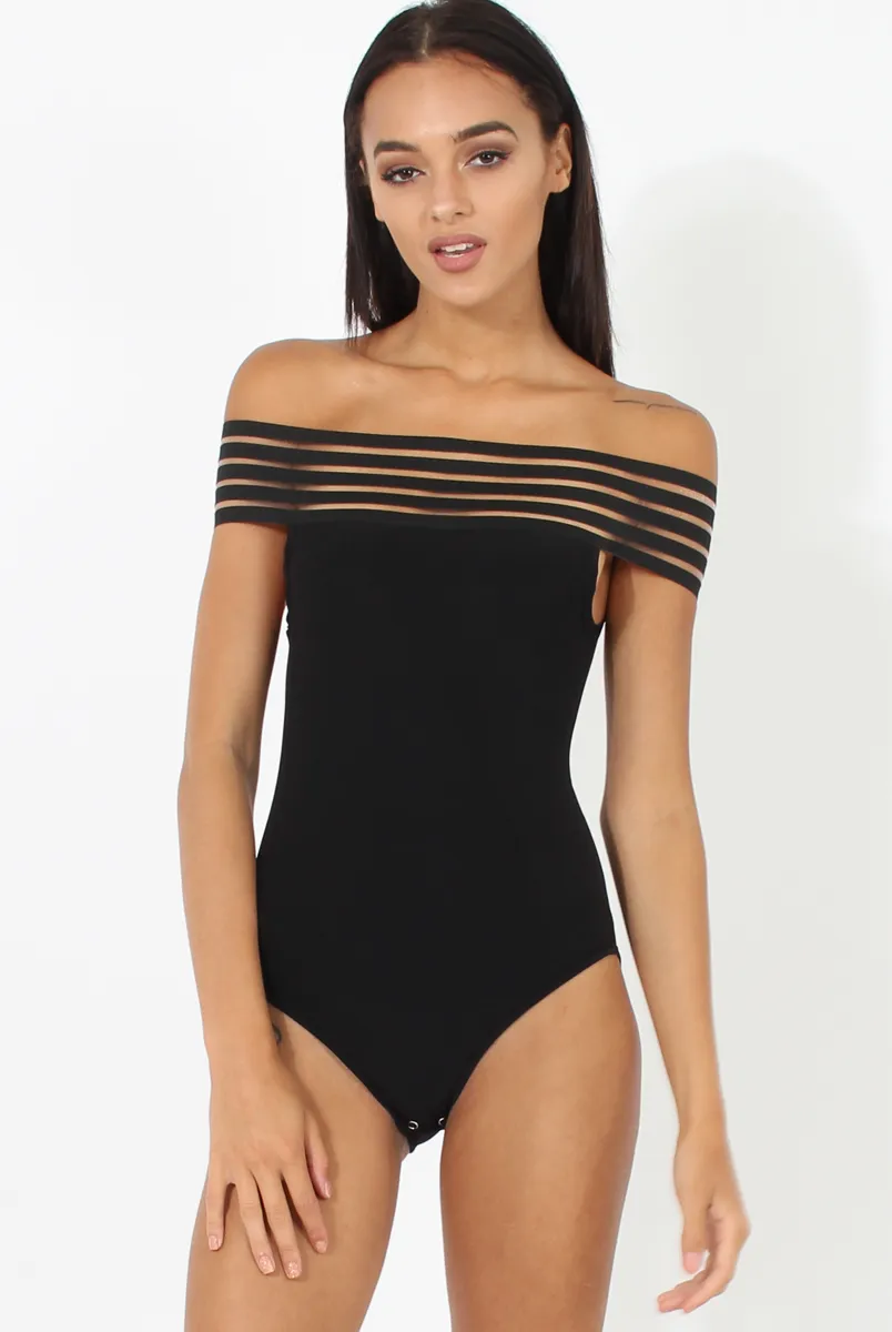 Black Elasticated Bardot Bodysuit - Jill