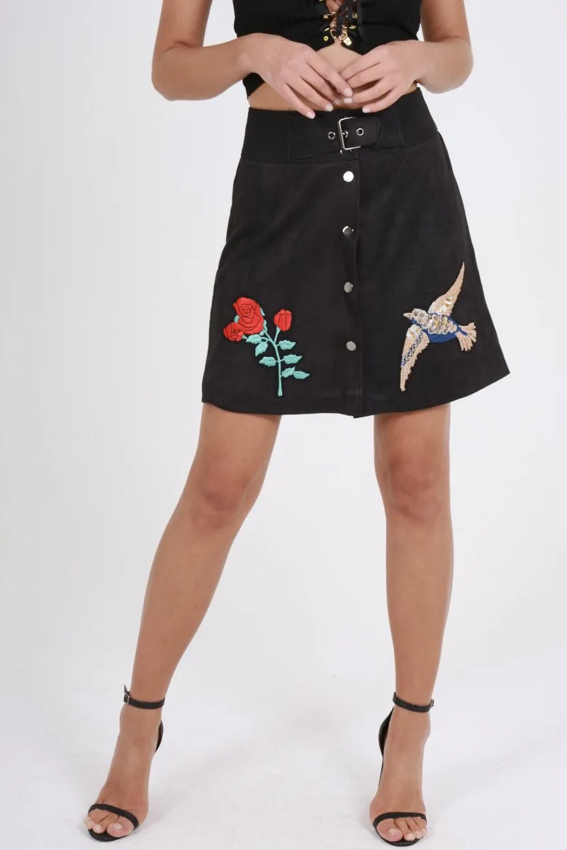 Black Faux Suede Embroidered Button Up Mini Skirt - Marlia