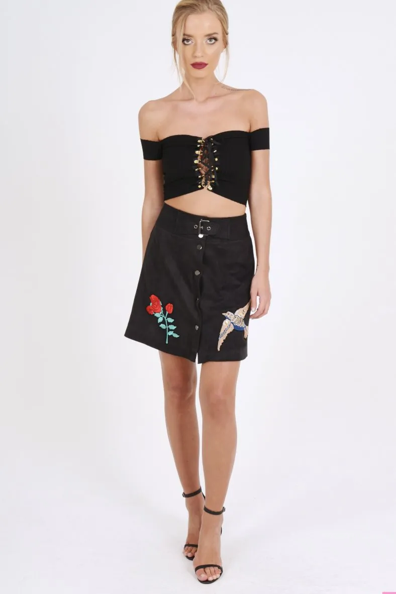 Black Faux Suede Embroidered Button Up Mini Skirt - Marlia