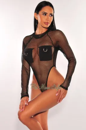 Black Fishnet Pockets Long Sleeve Ultra High Cut Bodysuit