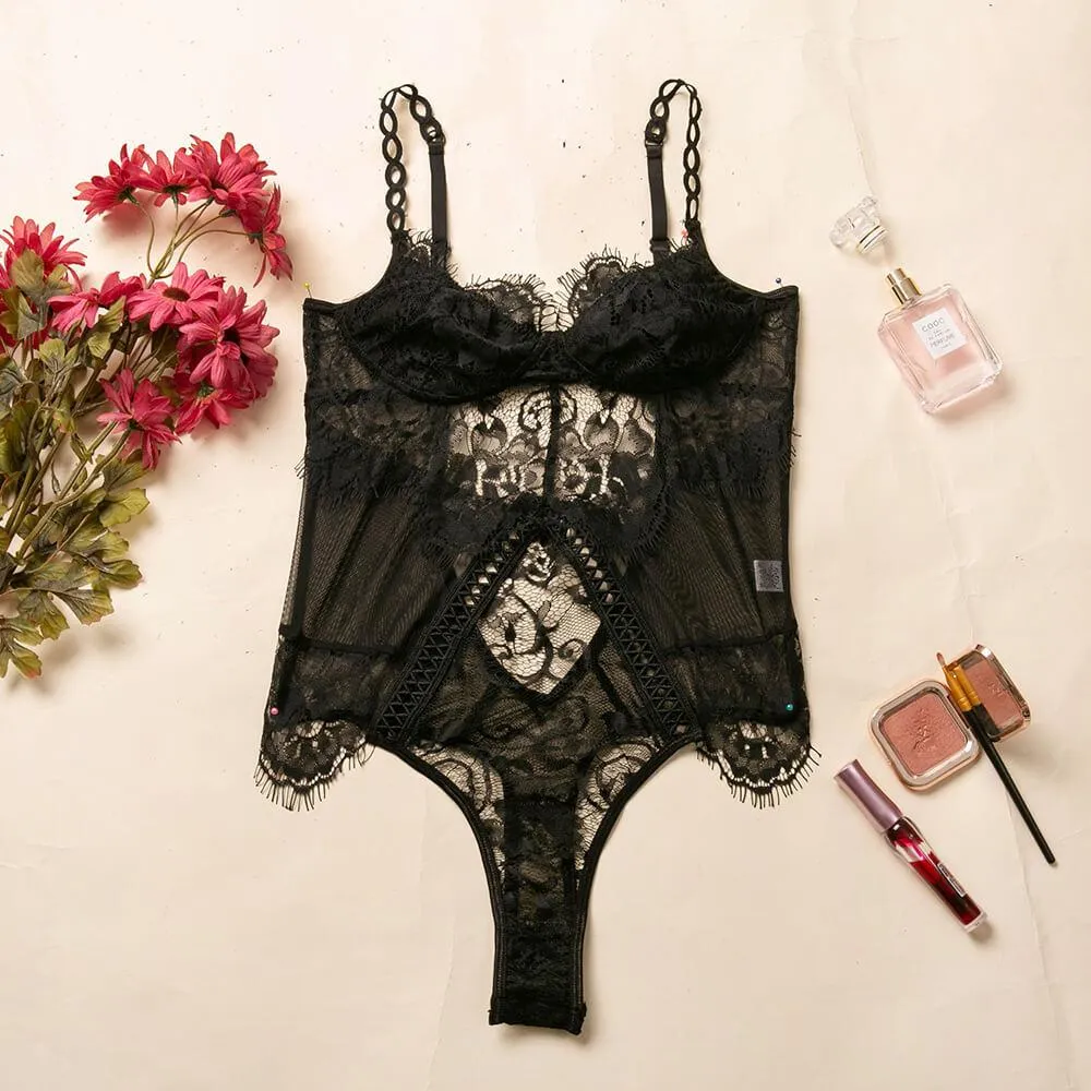 Black Lace Mesh Patchwork Bodysuits