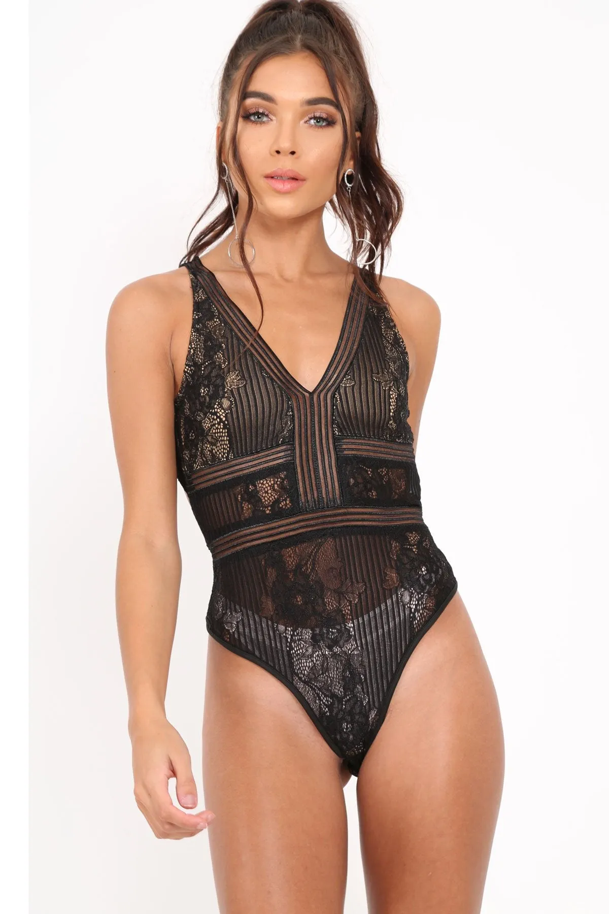 Black Lace Sleeveless Open Back Bodysuit - Molina