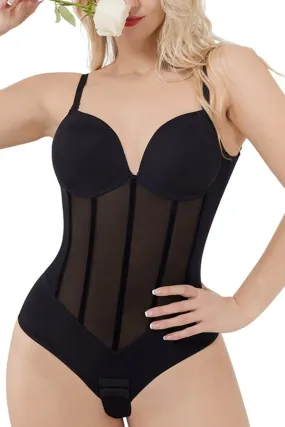 Black Plunge Backless Bodysuit Shaper With Built-In Bra And Velvet Boned Corset