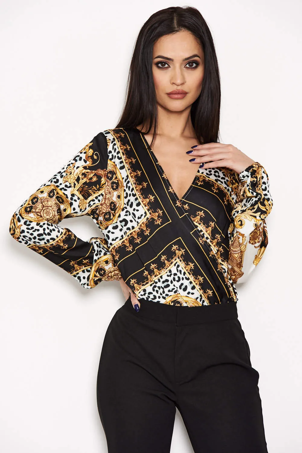 Black Printed Wrap Bodysuit