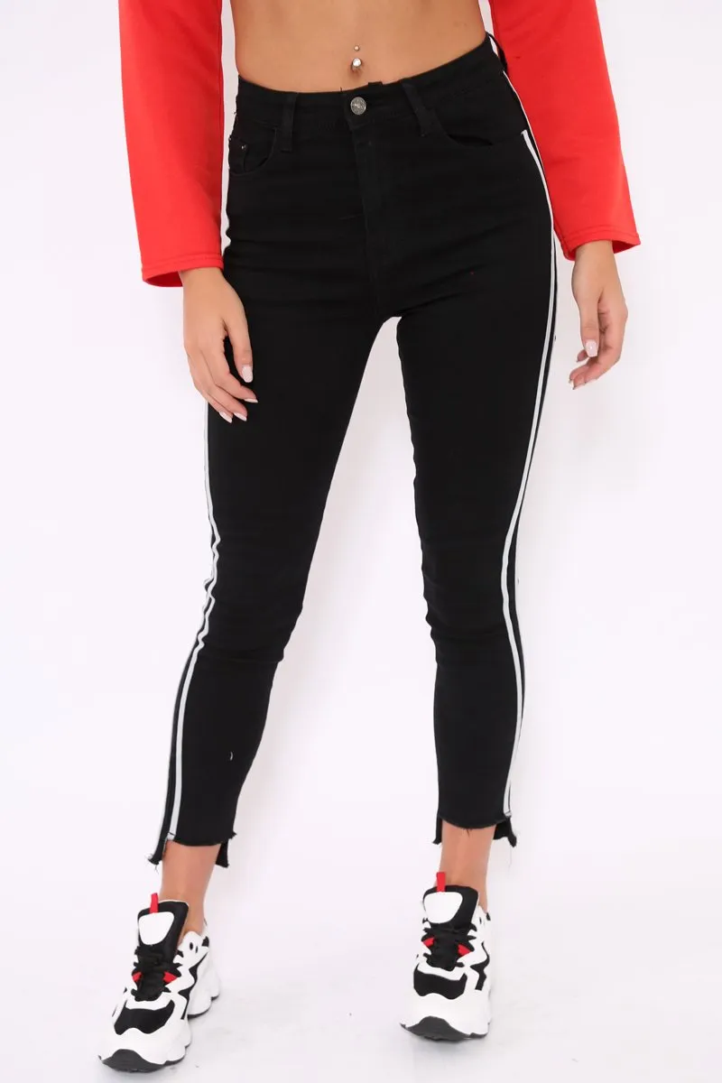 Black Side Stripe Dip Hem Skinny Jeans - Tinlee