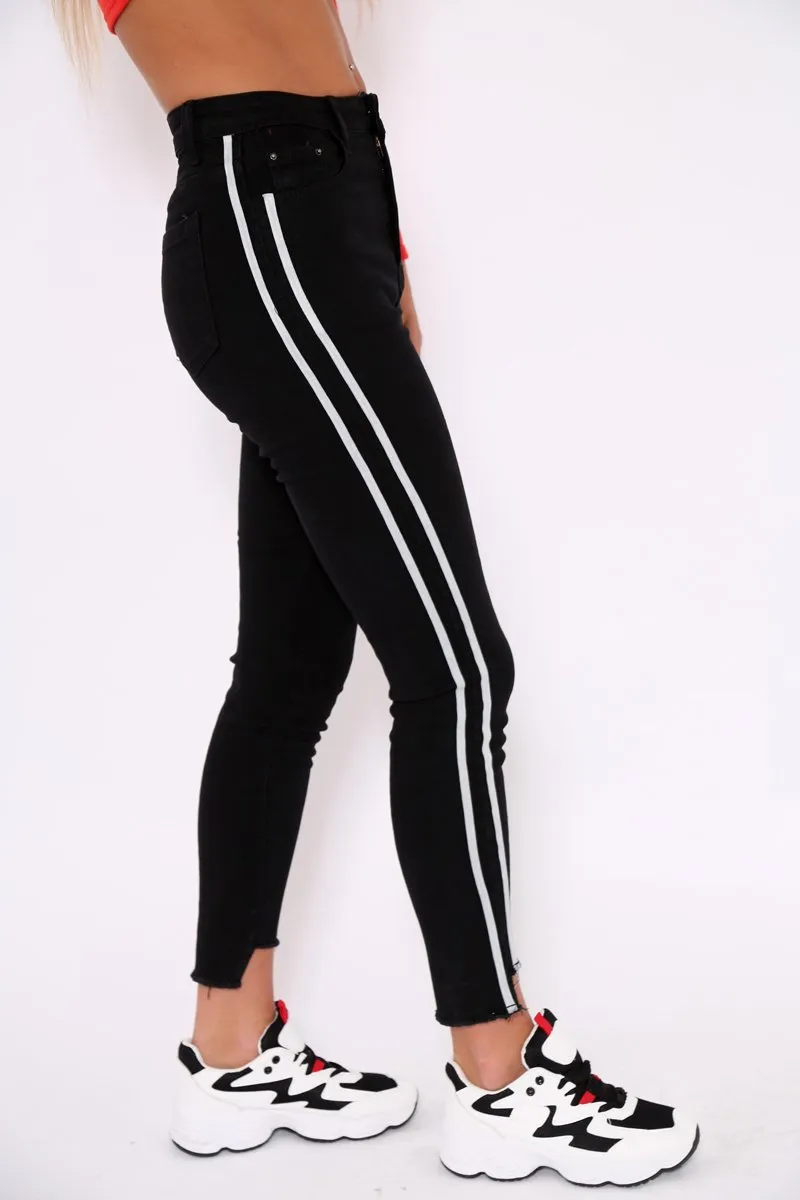 Black Side Stripe Dip Hem Skinny Jeans - Tinlee