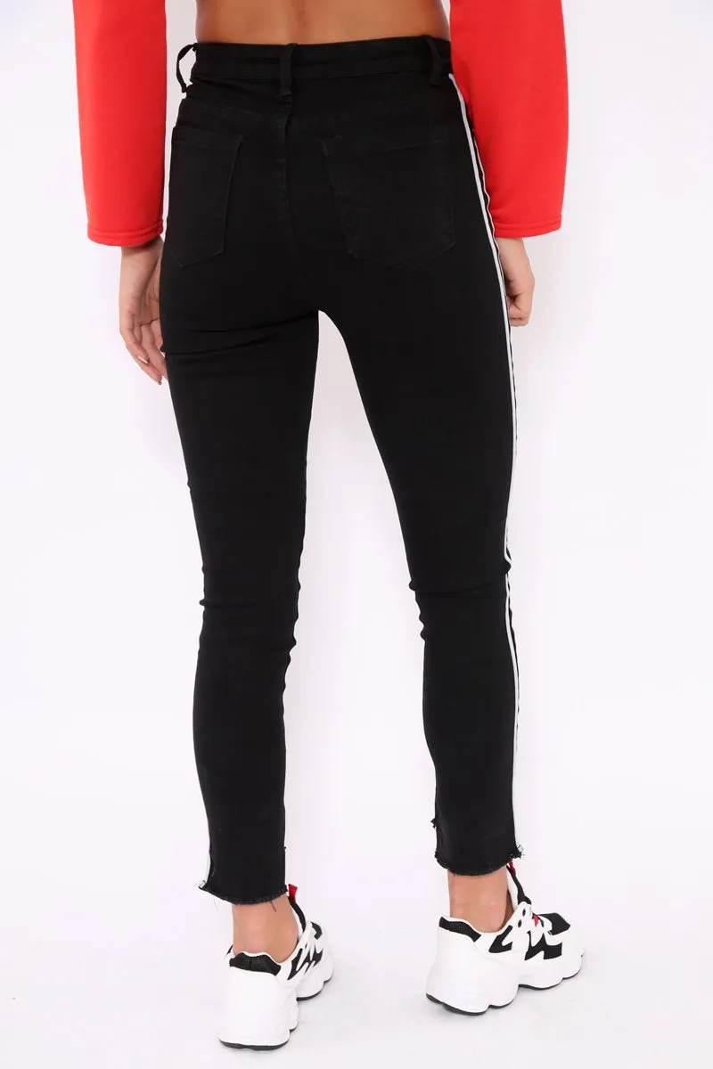 Black Side Stripe Dip Hem Skinny Jeans - Tinlee