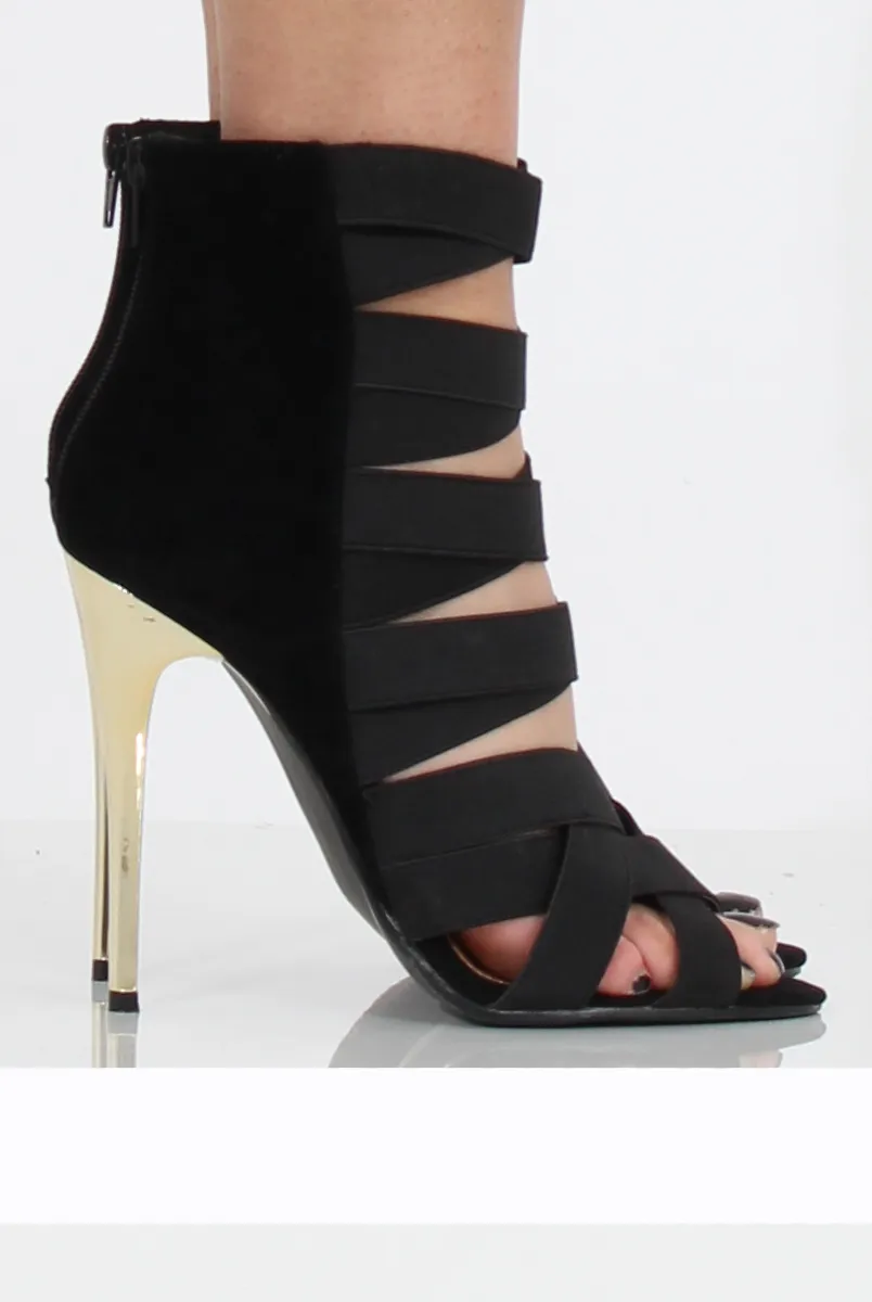 Black Suede Elasticated Strappy Heels - Heaven