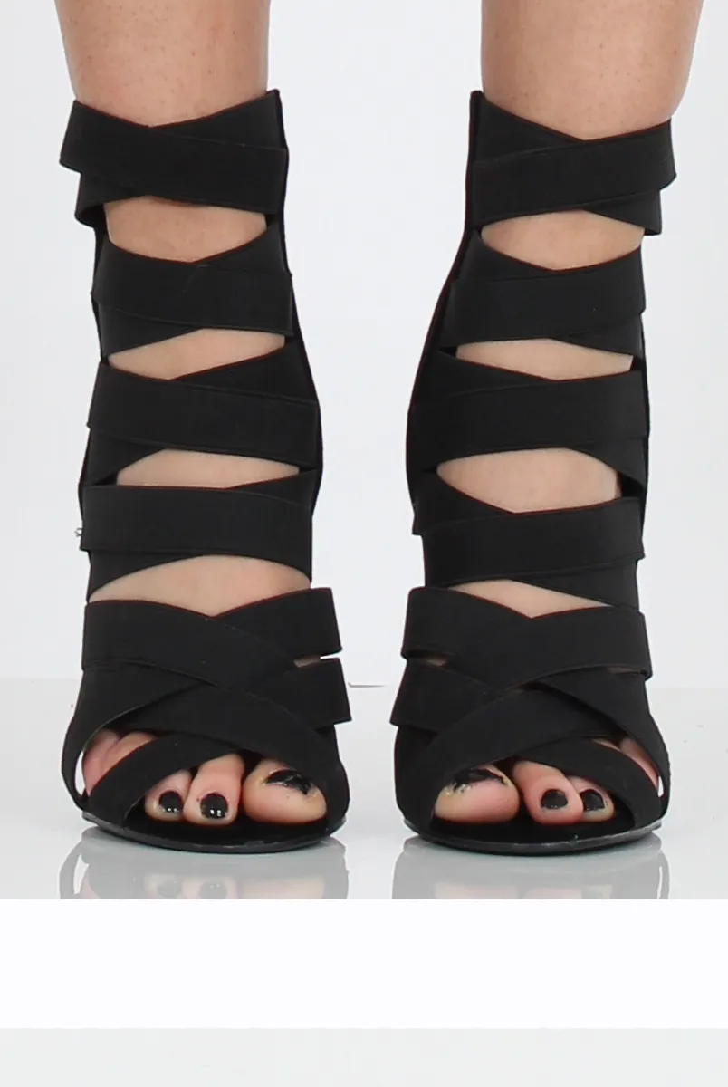 Black Suede Elasticated Strappy Heels - Heaven