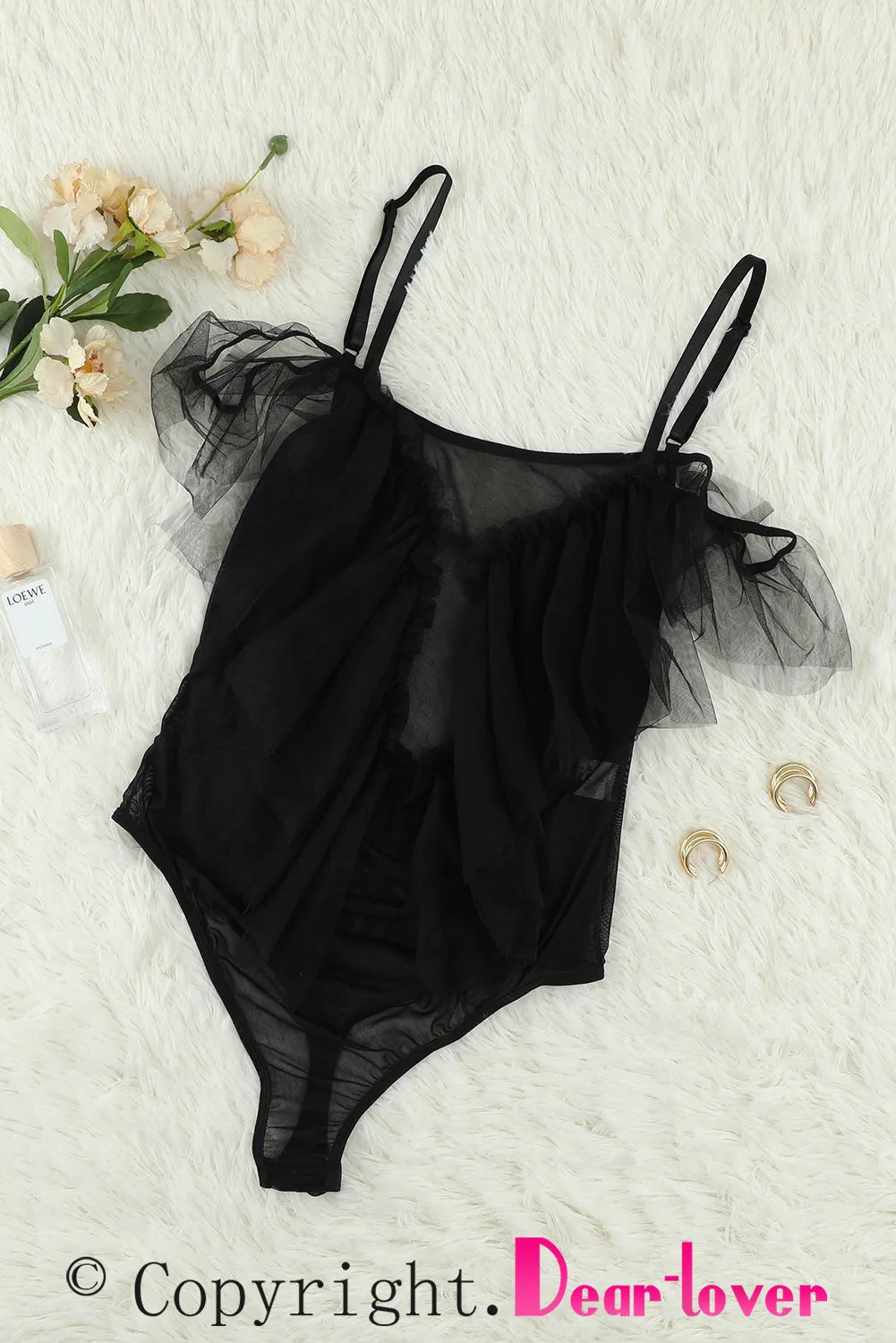 Black Tulle Mesh Thong Bodysuit